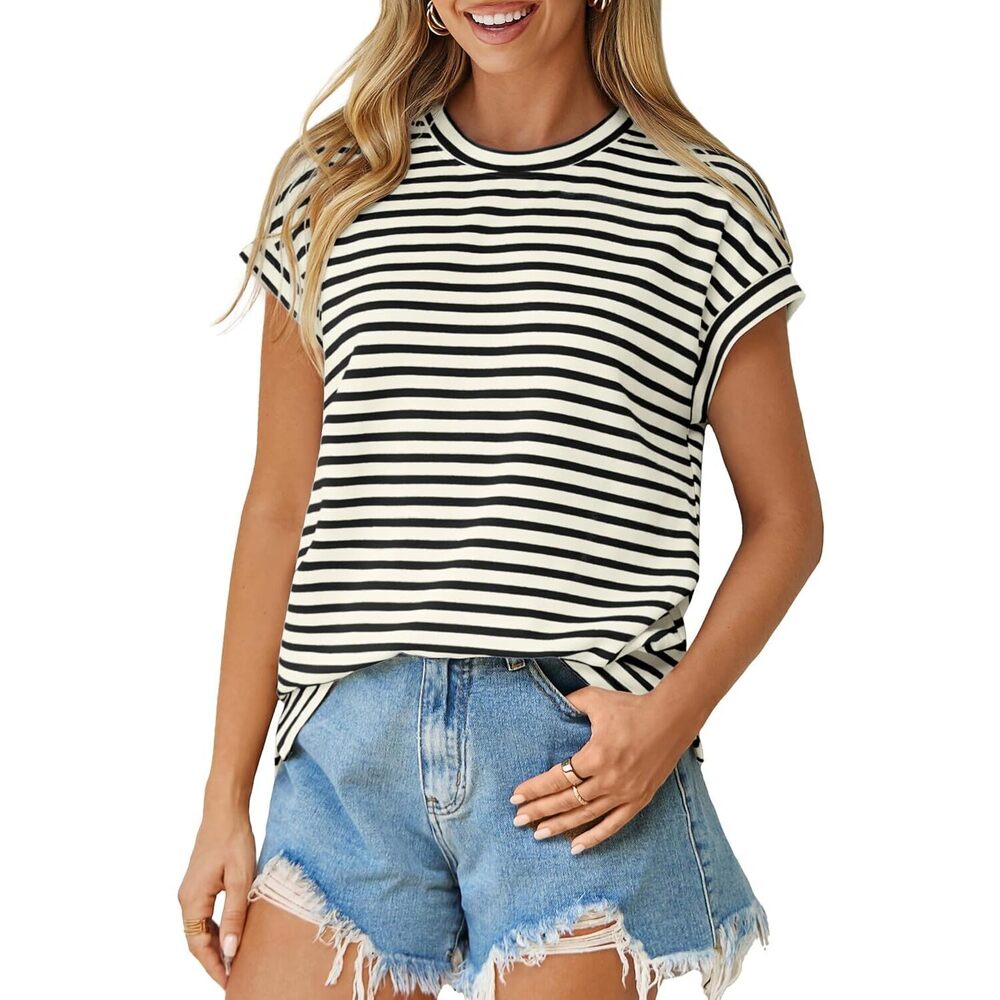 Women Cap Sleeve Basic Tops Crewneck Striped Tee Shirts Summer Short